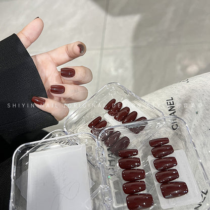A230 Hand-worn Armor Time Tone Solid Color Mid-length Simple High-end Sense Wine Red Long Ladder Finished Nail Art Patch