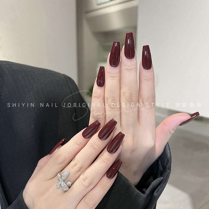 A230 Hand-worn Armor Time Tone Solid Color Mid-length Simple High-end Sense Wine Red Long Ladder Finished Nail Art Patch