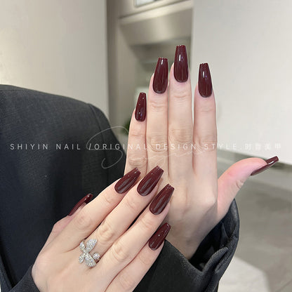 A230 Hand-worn Armor Time Tone Solid Color Mid-length Simple High-end Sense Wine Red Long Ladder Finished Nail Art Patch
