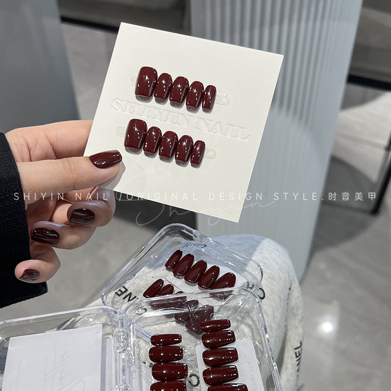 A230 Hand-worn Armor Time Tone Solid Color Mid-length Simple High-end Sense Wine Red Long Ladder Finished Nail Art Patch