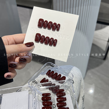 A230 Hand-worn Armor Time Tone Solid Color Mid-length Simple High-end Sense Wine Red Long Ladder Finished Nail Art Patch