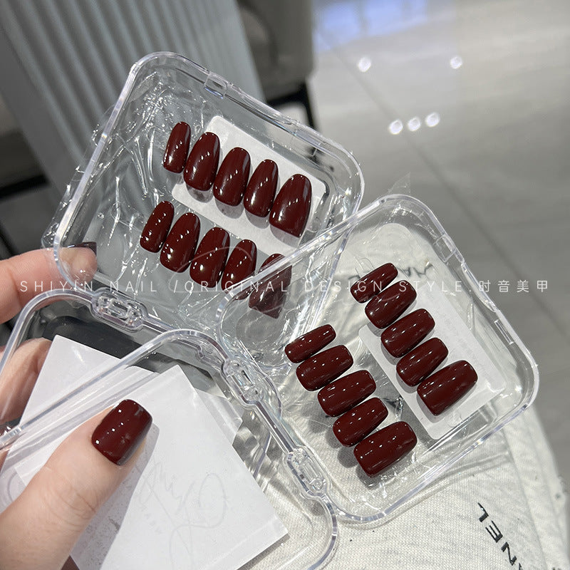 A230 Hand-worn Armor Time Tone Solid Color Mid-length Simple High-end Sense Wine Red Long Ladder Finished Nail Art Patch